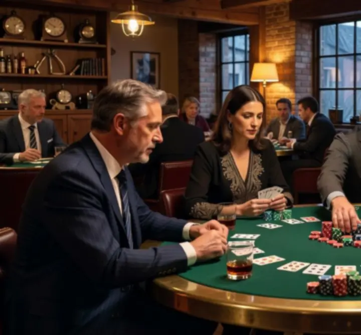 Játék közbeni pillanat a TimeFix Poker Lounge asztalainál, elegáns belső térrel és koncentráló játékosokkal.