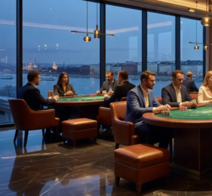 Elegáns, modern TimeFix Poker Lounge terem prémium pókerasztalokkal és hangulatos fényekkel.